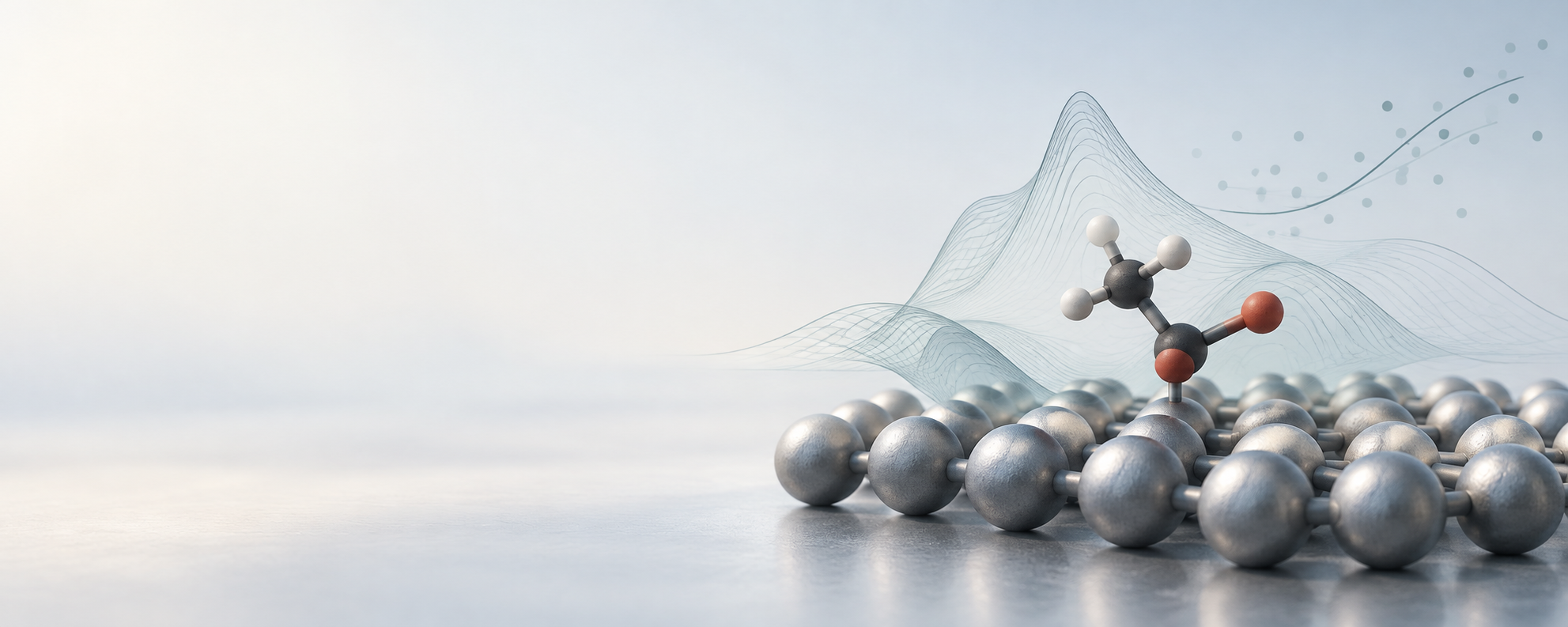 Molecule on an atomic surface with a potential-energy landscape and data-driven modeling curves.